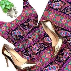 “Aloha” Vintage Barkcloth Hawaiian Muumuu Maxi Dress Paisley Floral Pink Black 4